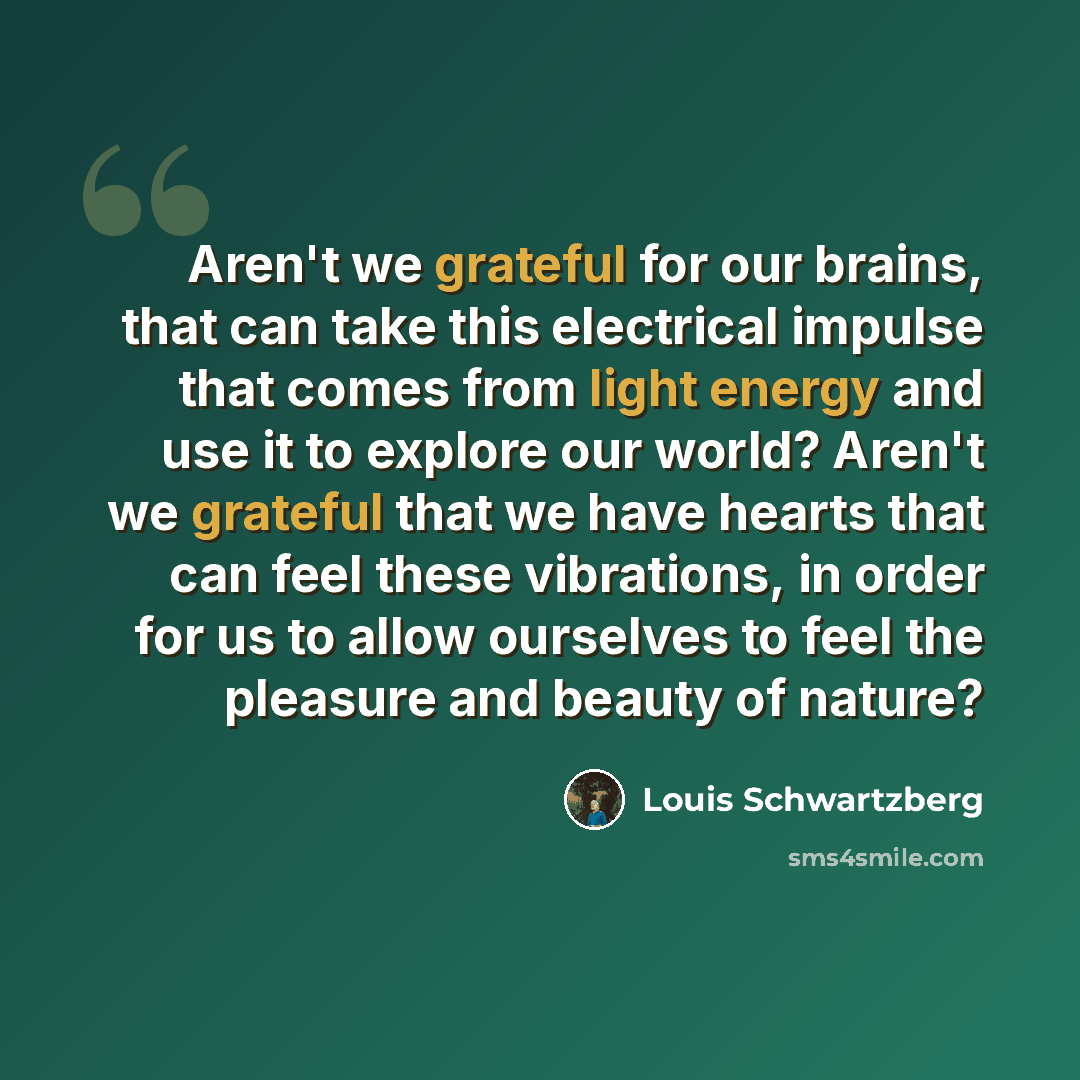 “Aren't we grateful for our brains, that can take this electrical impulse that comes from light energy and use it to explore our world? Aren't we grateful that we have hearts that can feel these vibrations, in order for us to allow ourselves to feel the pleasure and beauty of nature?” quote by Louis Schwartzberg