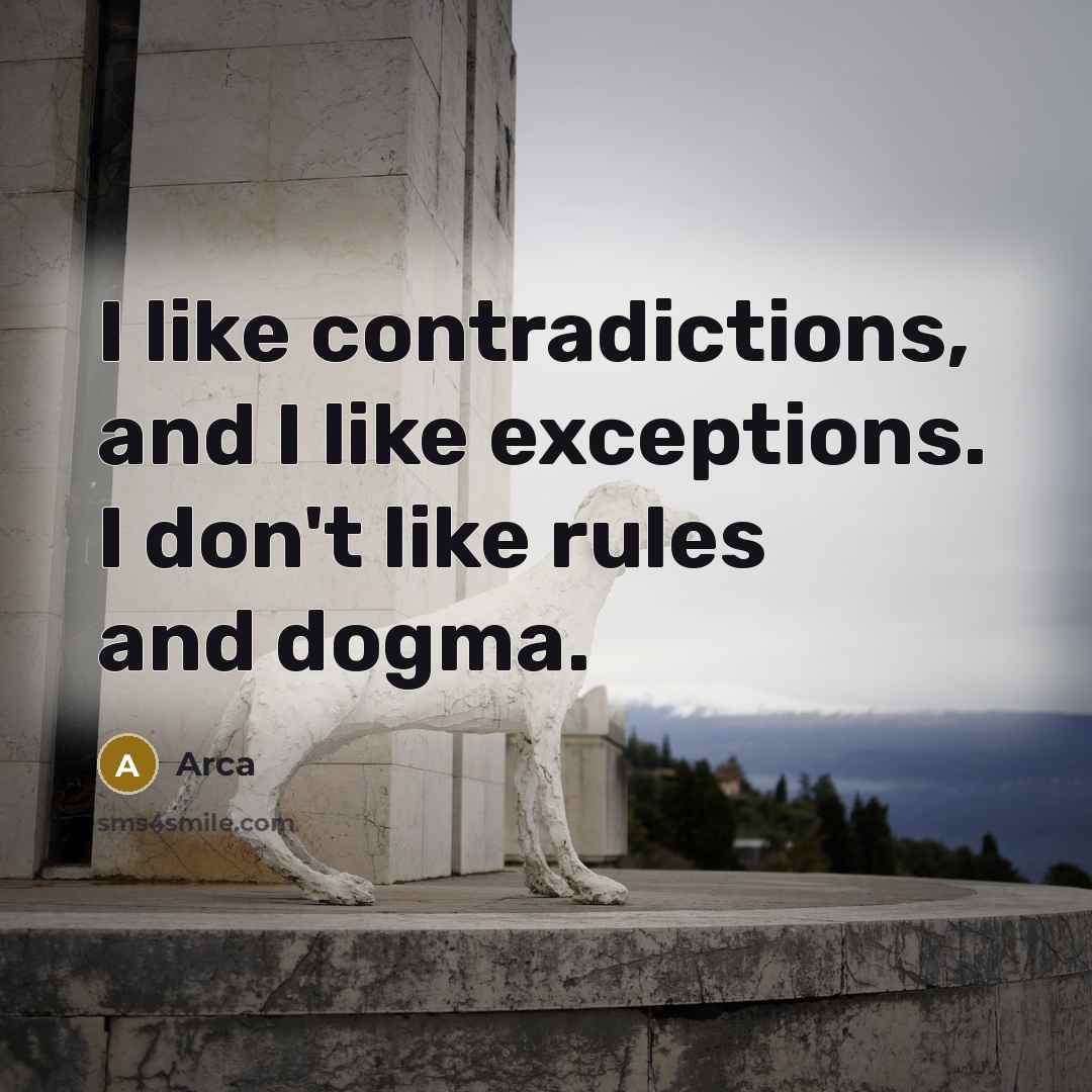 “I like contradictions, and I like exceptions. I don't like rules and dogma.” quote by Arca
