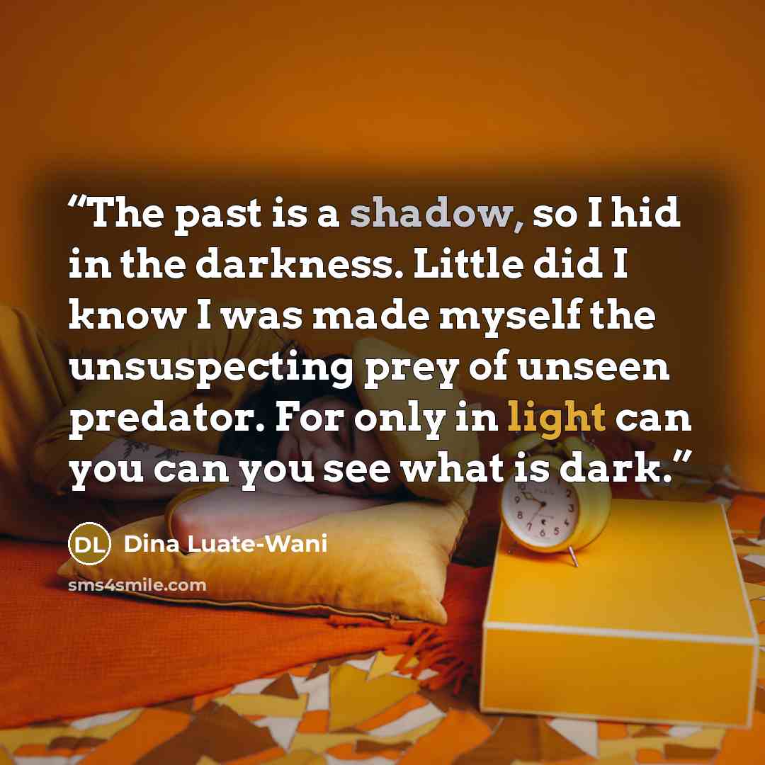 “The past is a shadow, so I hid in the darkness. Little did I know I was made myself the unsuspecting prey of unseen predator. For only in light can you can you see what is dark.” quote by Dina Luate-Wani