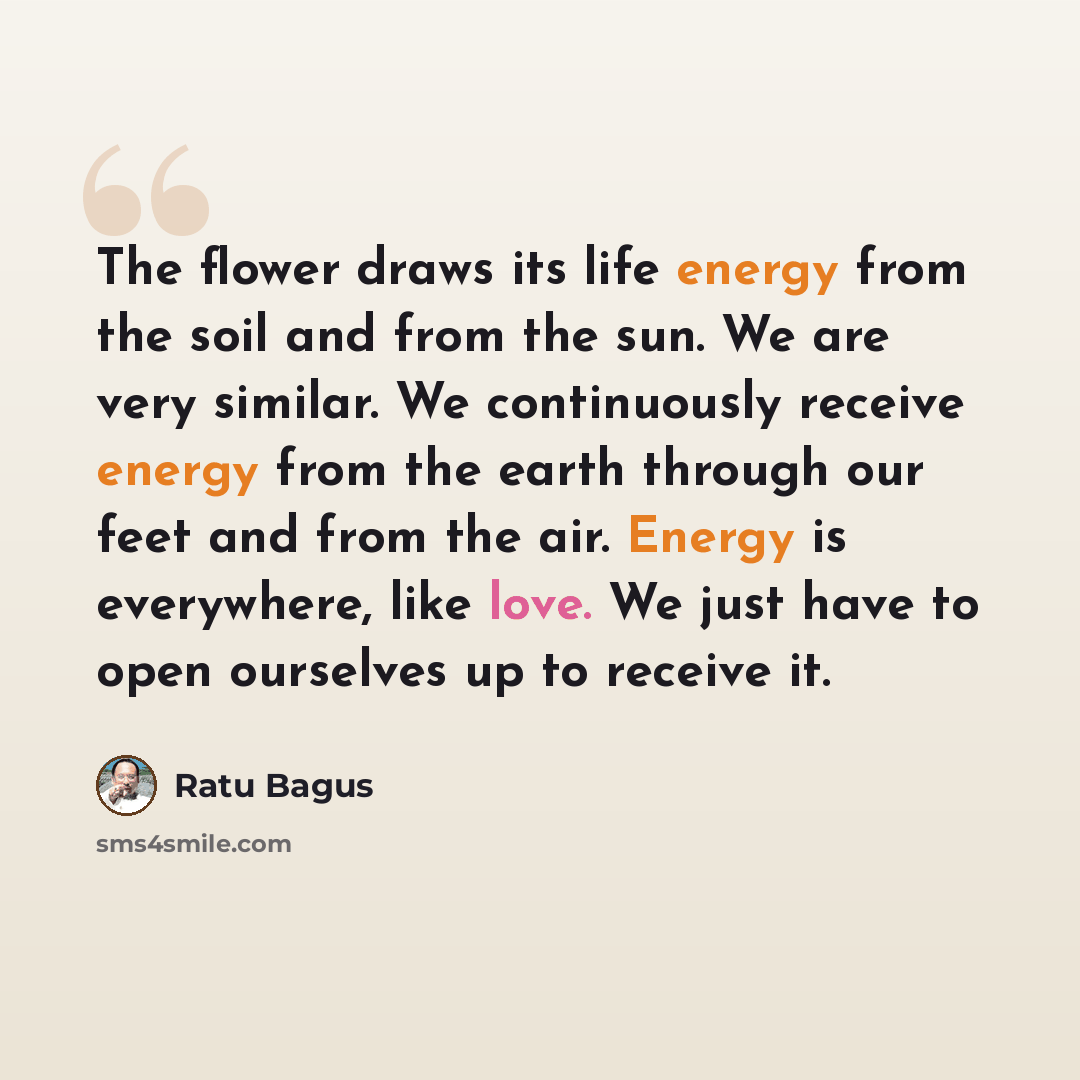 “The flower draws its life energy from the soil and from the sun. We are very similar. We continuously receive energy from the earth through our feet and from the air. Energy is everywhere, like love. We just have to open ourselves up to receive it.” quote by Ratu Bagus