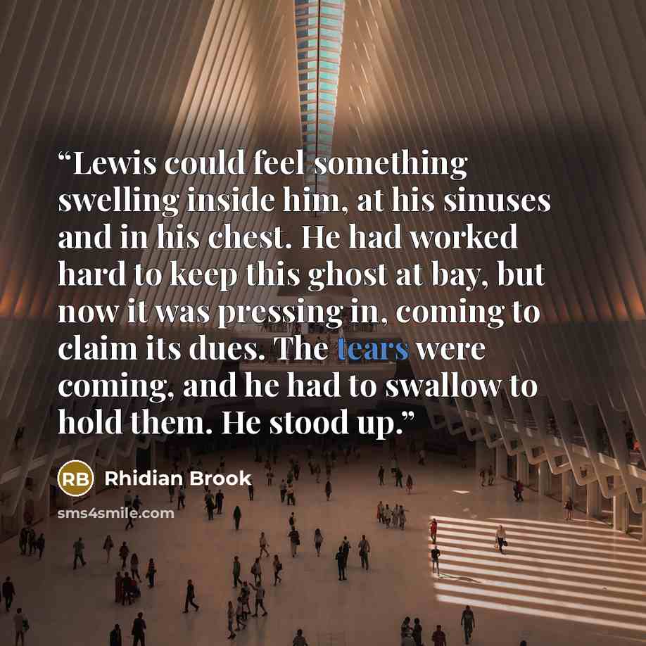 “Lewis could feel something swelling inside him, at his sinuses and in his chest. He had worked hard to keep this ghost at bay, but now it was pressing in, coming to claim its dues. The tears were coming, and he had to swallow to hold them. He stood up.” quote by Rhidian Brook