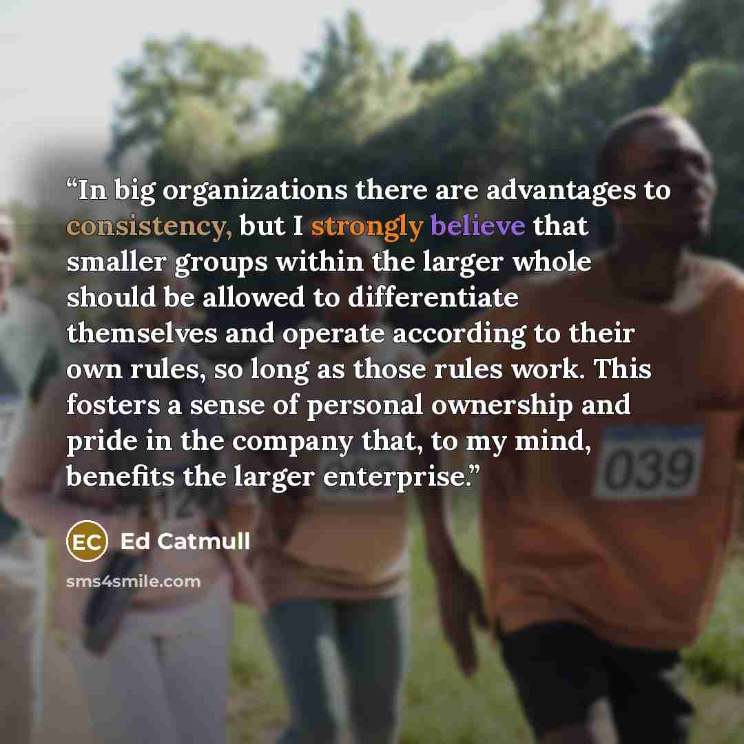 “In big organizations there are advantages to consistency, but I strongly believe that smaller groups within the larger whole should be allowed to differentiate themselves and operate according to their own rules, so long as those rules work. This fosters a sense of personal ownership and pride in…” quote by Ed Catmull