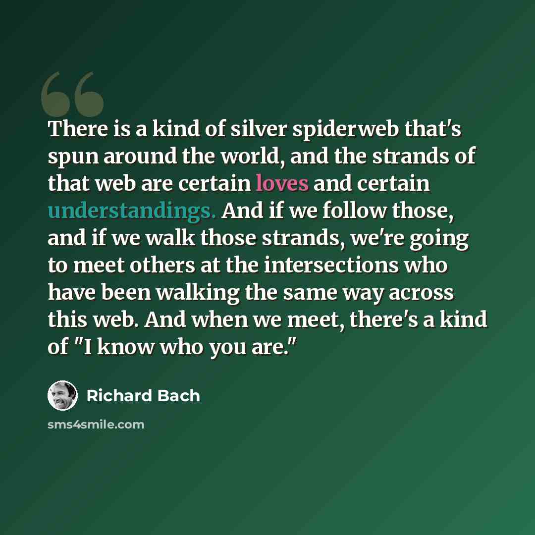 “There is a kind of silver spiderweb that's spun around the world, and the strands of that web are certain loves and certain understandings. And if we follow those, and if we walk those strands, we're going to meet others at the intersections who have been walking the same way across this web. And…” quote by Richard Bach