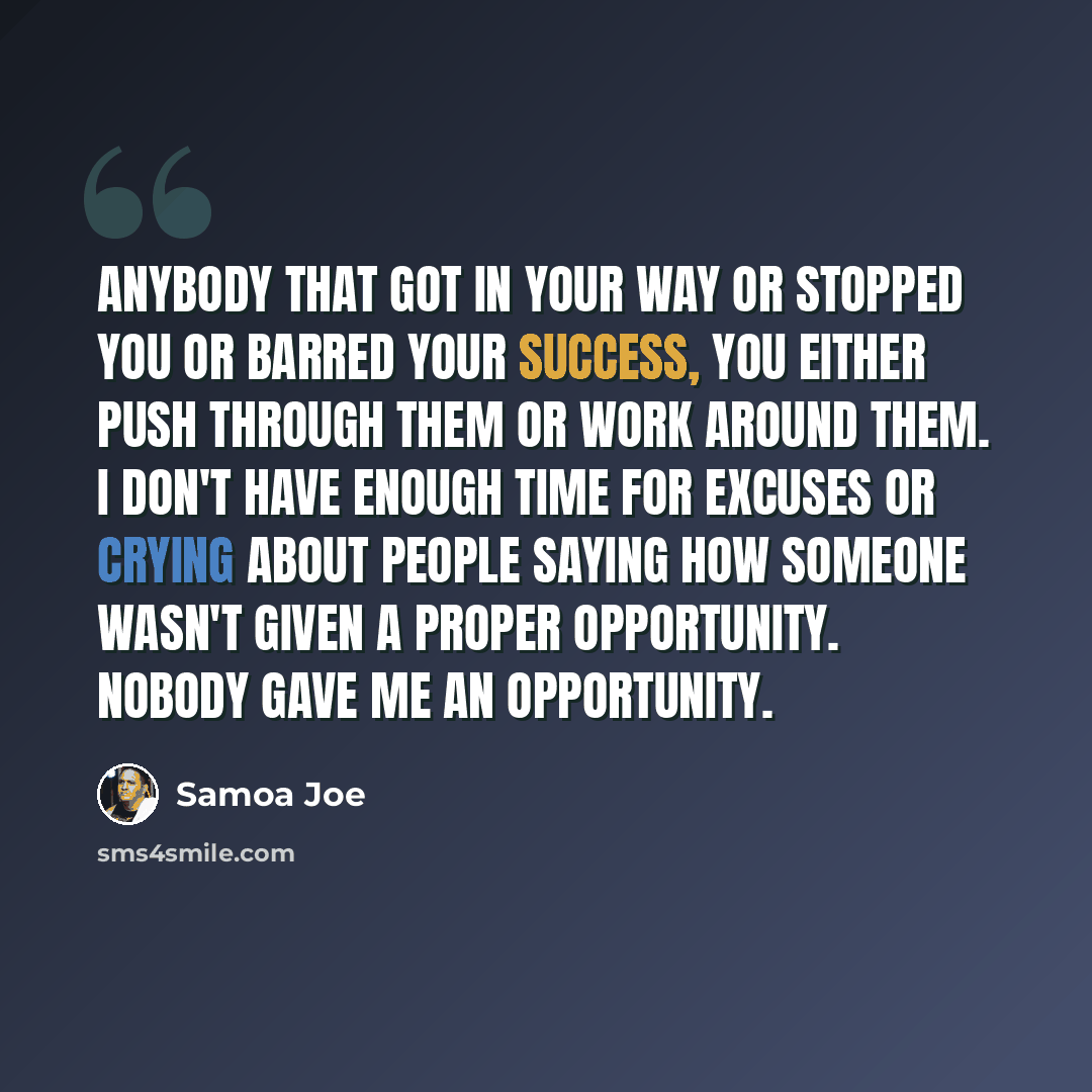 “Anybody that got in your way or stopped you or barred your success, you either push through them or work around them. I don't have enough time for excuses or crying about people saying how someone wasn't given a proper opportunity. Nobody gave me an opportunity.” quote by Samoa Joe