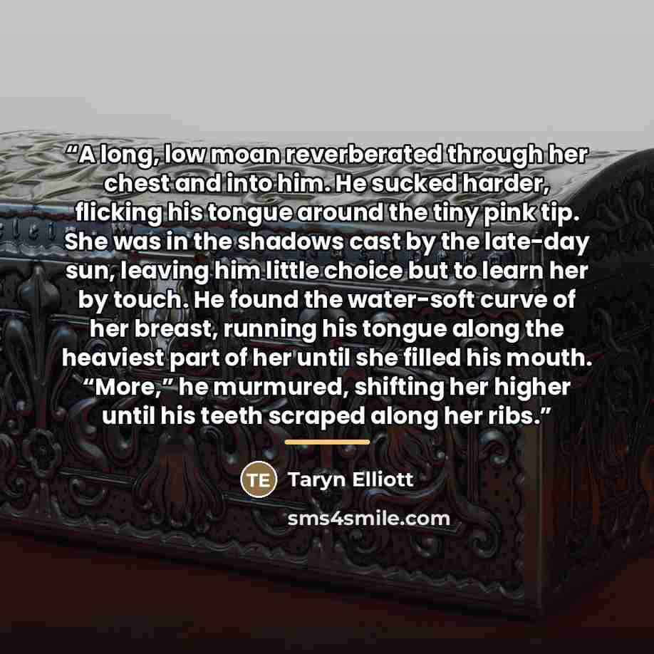 “A long, low moan reverberated through her chest and into him. He sucked harder, flicking his tongue around the tiny pink tip. She was in the shadows cast by the late-day sun, leaving him little choice but to learn her by touch. He found the water-soft curve of her breast, running his tongue along…” quote by Taryn Elliott