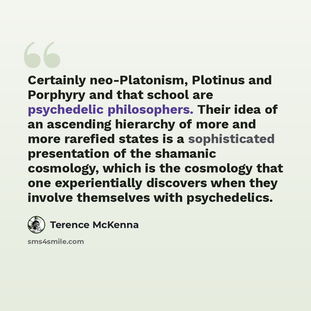 “Certainly neo-Platonism, Plotinus and Porphyry and that school are psychedelic philosophers. Their idea of an ascending hierarchy of more and more rarefied states is a sophisticated presentation of the shamanic cosmology, which is the cosmology that one experientially discovers when they involve…” quote by Terence McKenna