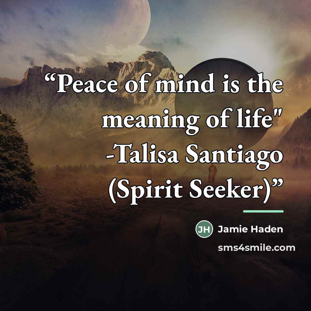 “Peace of mind is the meaning of life" -Talisa Santiago (Spirit Seeker)” quote by Jamie Haden
