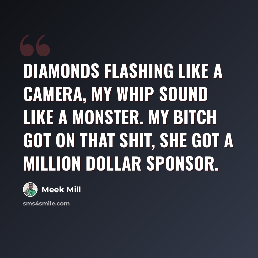 “Diamonds flashing like a camera, my whip sound like a monster. My bitch got on that shit, she got a million dollar sponsor.” quote by Meek Mill