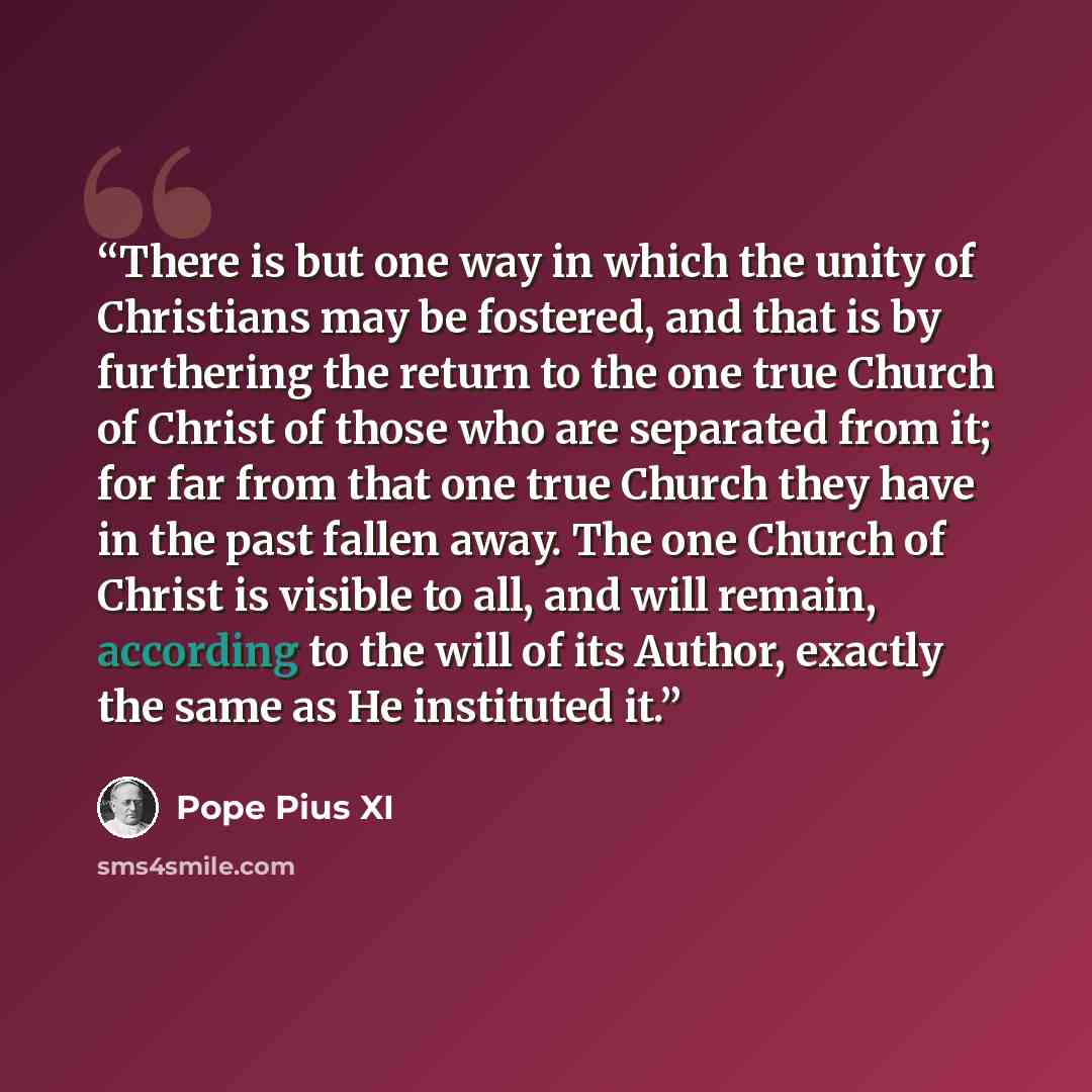 “There is but one way in which the unity of Christians may be fostered, and that is by furthering the return to the one true Church of Christ of those who are separated from it; for far from that one true Church they have in the past fallen away. The one Church of Christ is visible to all, and will…” quote by Pope Pius XI