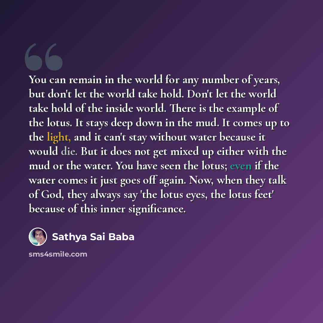 “You can remain in the world for any number of years, but don't let the world take hold. Don't let the world take hold of the inside world. There is the example of the lotus. It stays deep down in the mud. It comes up to the light, and it can't stay without water because it would die. But it does…” quote by Sathya Sai Baba