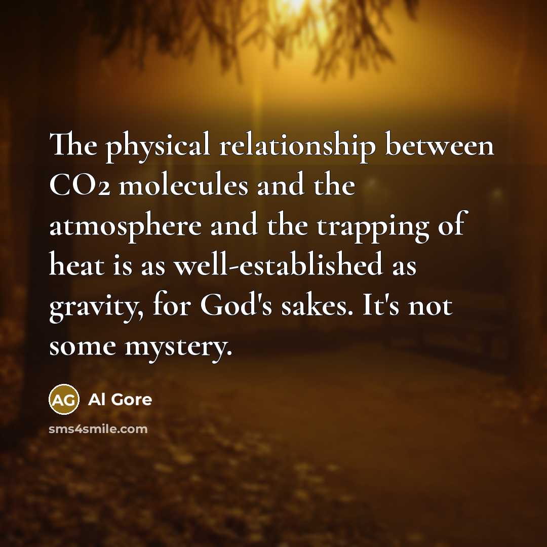 “The physical relationship between CO2 molecules and the atmosphere and the trapping of heat is as well-established as gravity, for God's sakes. It's not some mystery.” quote by Al Gore