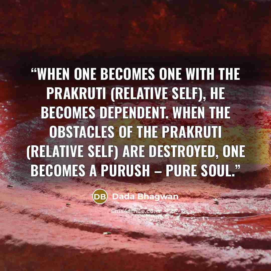 “When one becomes one with the prakruti (Relative Self), he becomes dependent. When the obstacles of the prakruti (Relative Self) are destroyed, one becomes a Purush – pure Soul.” quote by Dada Bhagwan