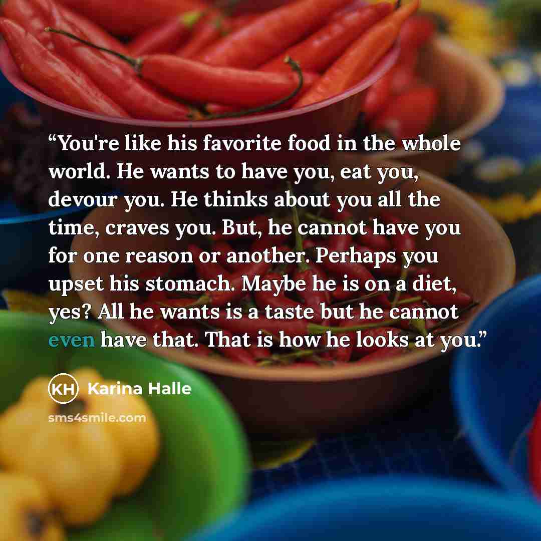 “You're like his favorite food in the whole world. He wants to have you, eat you, devour you. He thinks about you all the time, craves you. But, he cannot have you for one reason or another. Perhaps you upset his stomach. Maybe he is on a diet, yes? All he wants is a taste but he cannot even have…” quote by Karina Halle