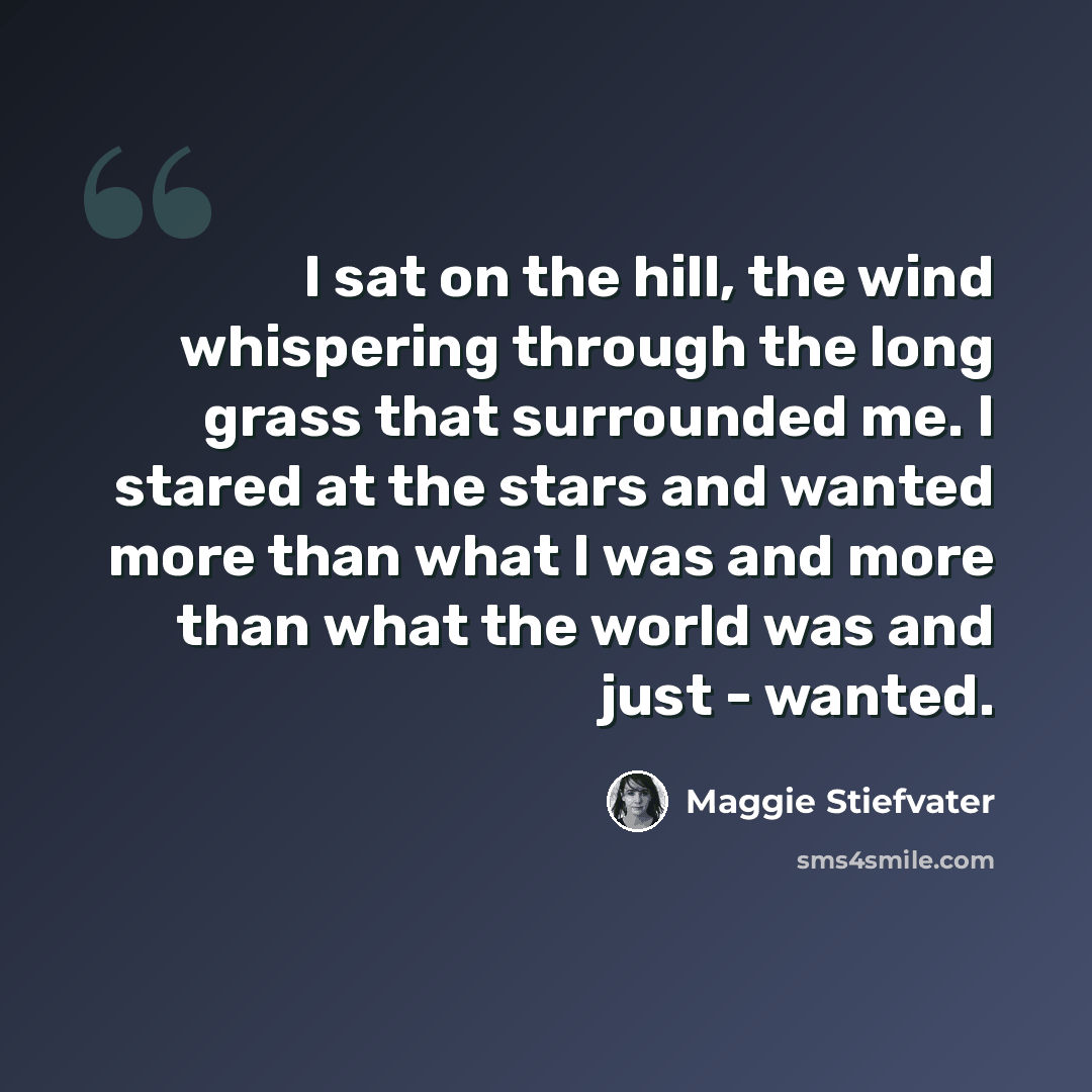 “I sat on the hill, the wind whispering through the long grass that surrounded me. I stared at the stars and wanted more than what I was and more than what the world was and just - wanted.” quote by Maggie Stiefvater