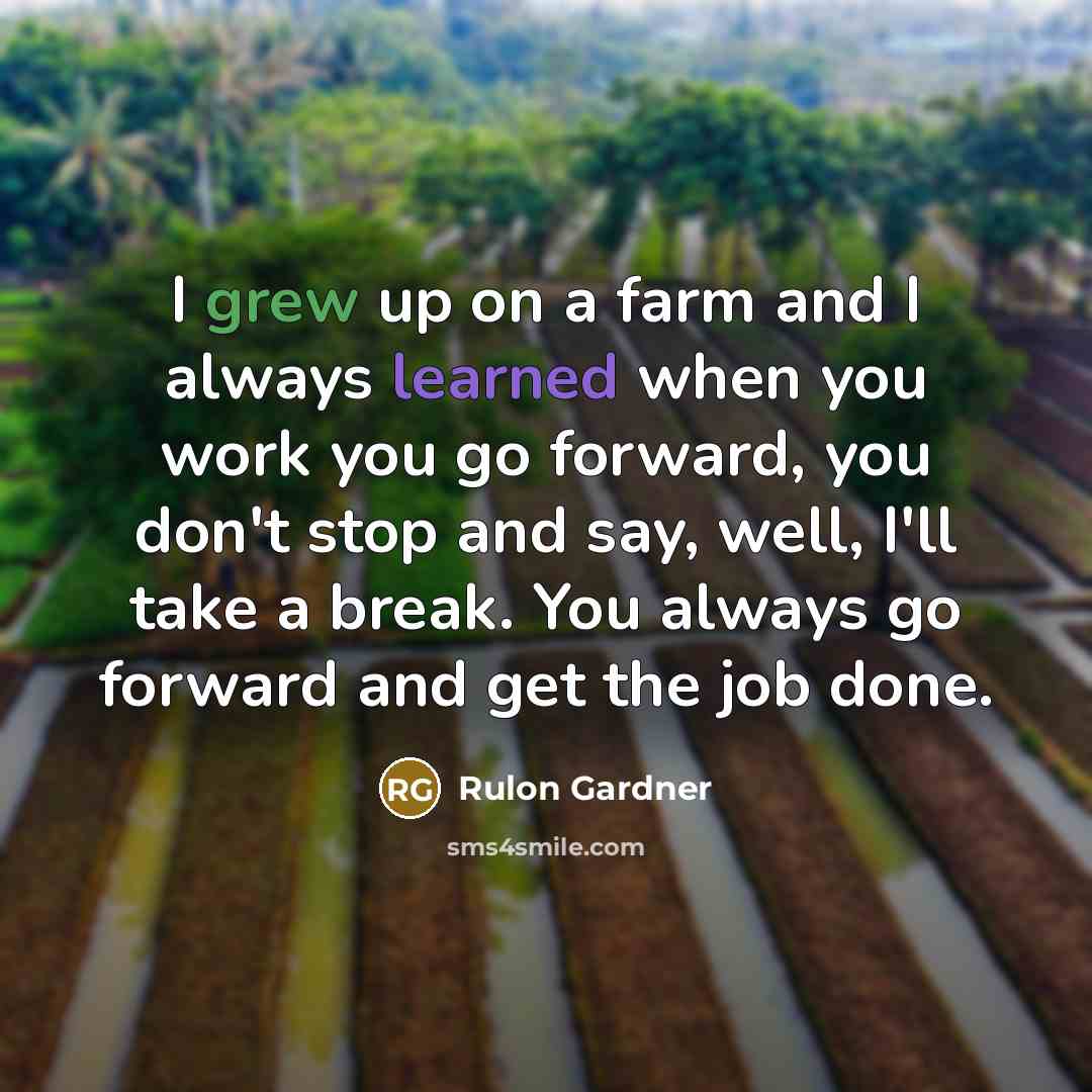 “I grew up on a farm and I always learned when you work you go forward, you don't stop and say, well, I'll take a break. You always go forward and get the job done.” quote by Rulon Gardner