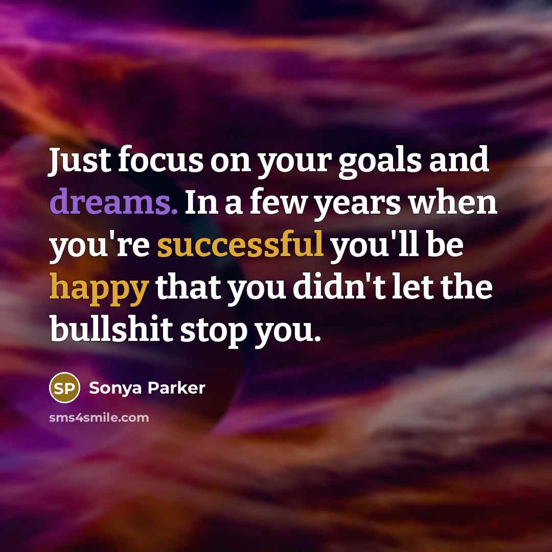 “Just focus on your goals and dreams. In a few years when you're successful you'll be happy that you didn't let the bullshit stop you.” quote by Sonya Parker