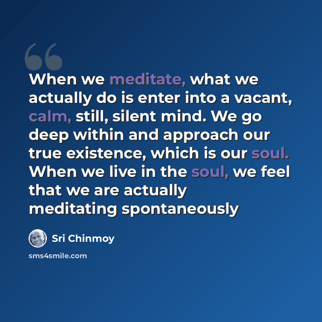 “When we meditate, what we actually do is enter into a vacant, calm, still, silent mind. We go deep within and approach our true existence, which is our soul. When we live in the soul, we feel that we are actually meditating spontaneously” quote by Sri Chinmoy