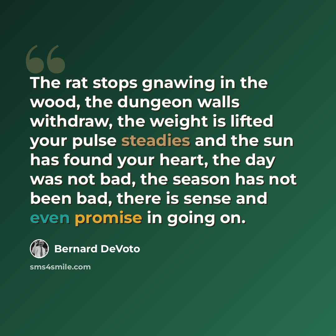 “The rat stops gnawing in the wood, the dungeon walls withdraw, the weight is lifted your pulse steadies and the sun has found your heart, the day was not bad, the season has not been bad, there is sense and even promise in going on.” quote by Bernard DeVoto