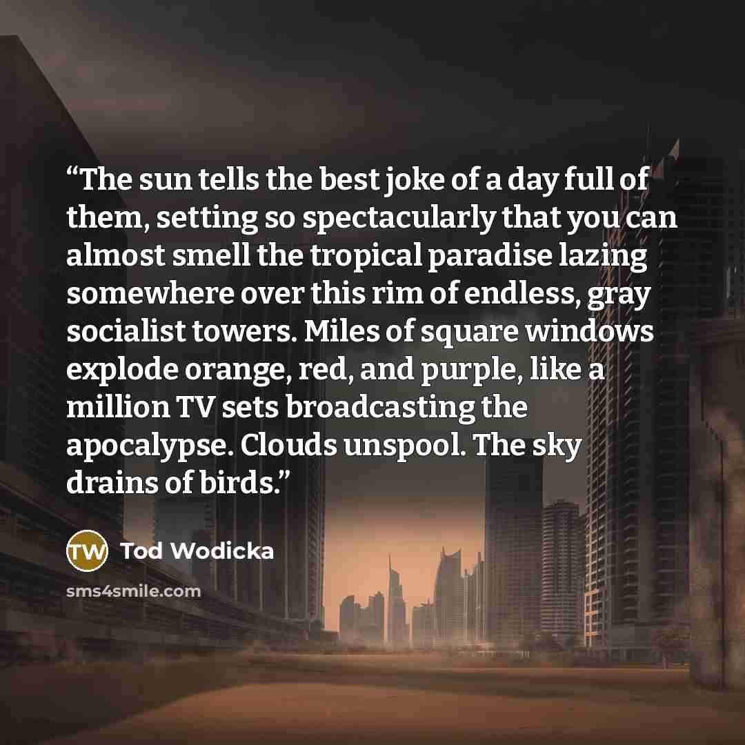 “The sun tells the best joke of a day full of them, setting so spectacularly that you can almost smell the tropical paradise lazing somewhere over this rim of endless, gray socialist towers. Miles of square windows explode orange, red, and purple, like a million TV sets broadcasting the apocalypse…” quote by Tod Wodicka