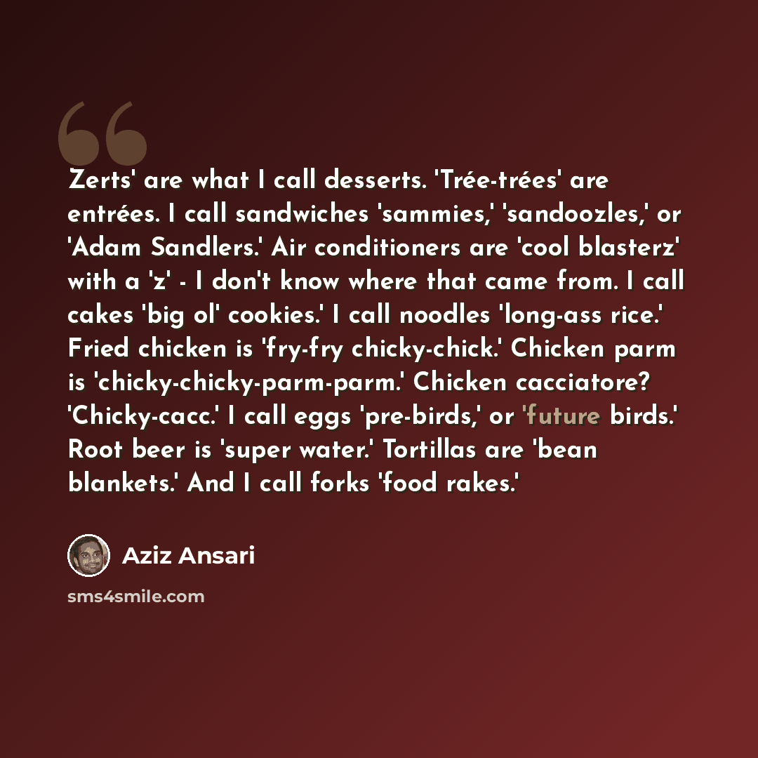 “Zerts' are what I call desserts. 'Trée-trées' are entrées. I call sandwiches 'sammies,' 'sandoozles,' or 'Adam Sandlers.' Air conditioners are 'cool blasterz' with a 'z' - I don't know where that came from. I call cakes 'big ol' cookies.' I call noodles 'long-ass rice.' Fried chicken is 'fry-fry…” quote by Aziz Ansari