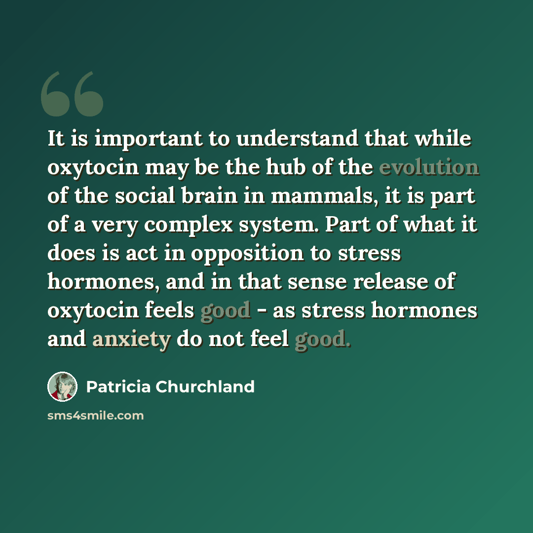 “It is important to understand that while oxytocin may be the hub of the evolution of the social brain in mammals, it is part of a very complex system. Part of what it does is act in opposition to stress hormones, and in that sense release of oxytocin feels good - as stress hormones and anxiety do…” quote by Patricia Churchland