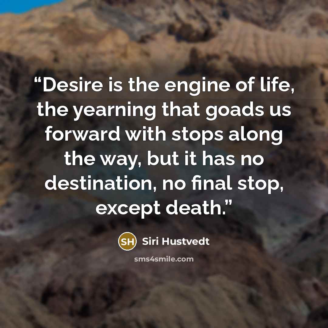 “Desire is the engine of life, the yearning that goads us forward with stops along the way, but it has no destination, no final stop, except death.” quote by Siri Hustvedt