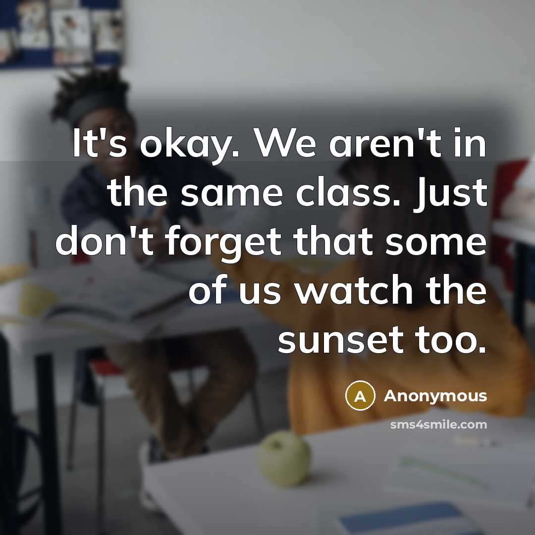 “It's okay. We aren't in the same class. Just don't forget that some of us watch the sunset too.” quote by Anonymous