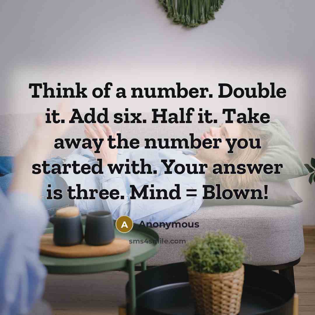 “Think of a number. Double it. Add six. Half it. Take away the number you started with. Your answer is three. Mind = Blown!” quote by Anonymous