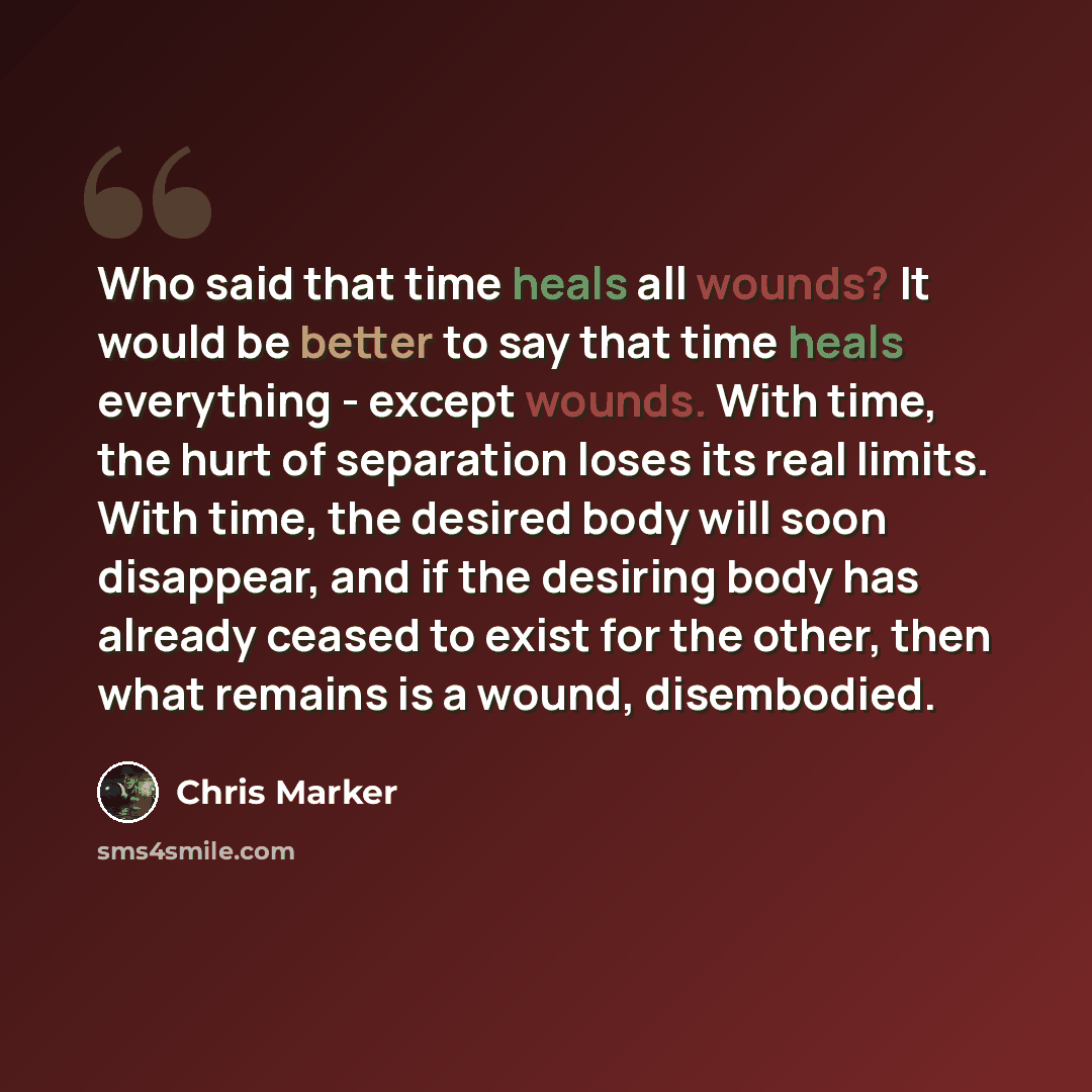 “Who said that time heals all wounds? It would be better to say that time heals everything - except wounds. With time, the hurt of separation loses its real limits. With time, the desired body will soon disappear, and if the desiring body has already ceased to exist for the other, then what remains…” quote by Chris Marker