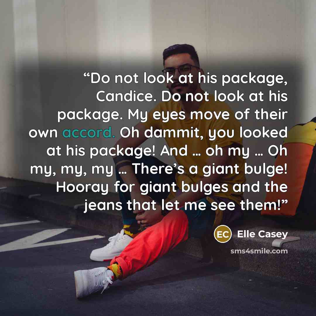 “Do not look at his package, Candice. Do not look at his package. My eyes move of their own accord. Oh dammit, you looked at his package! And … oh my … Oh my, my, my … There’s a giant bulge! Hooray for giant bulges and the jeans that let me see them!” quote by Elle Casey