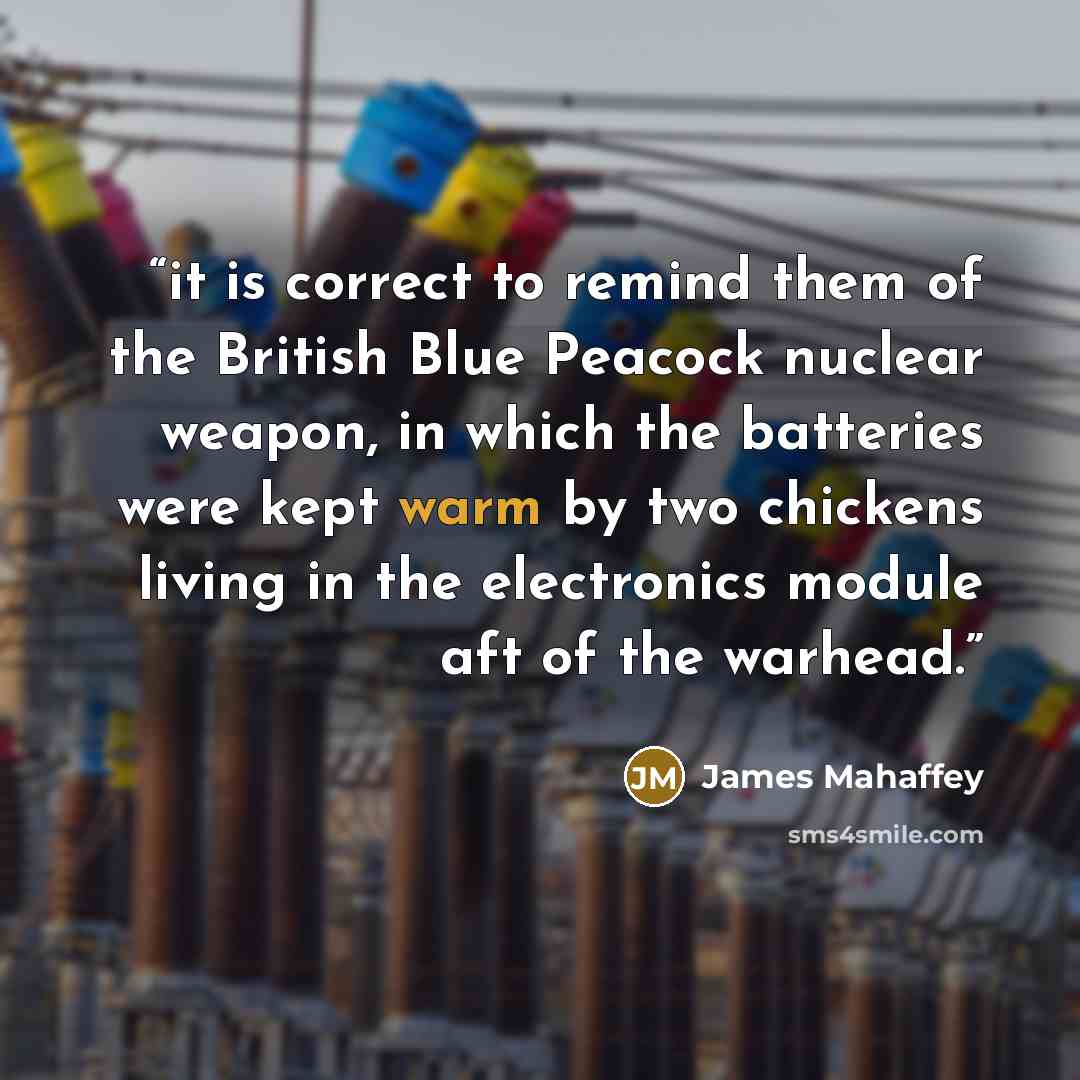 “it is correct to remind them of the British Blue Peacock nuclear weapon, in which the batteries were kept warm by two chickens living in the electronics module aft of the warhead.” quote by James Mahaffey
