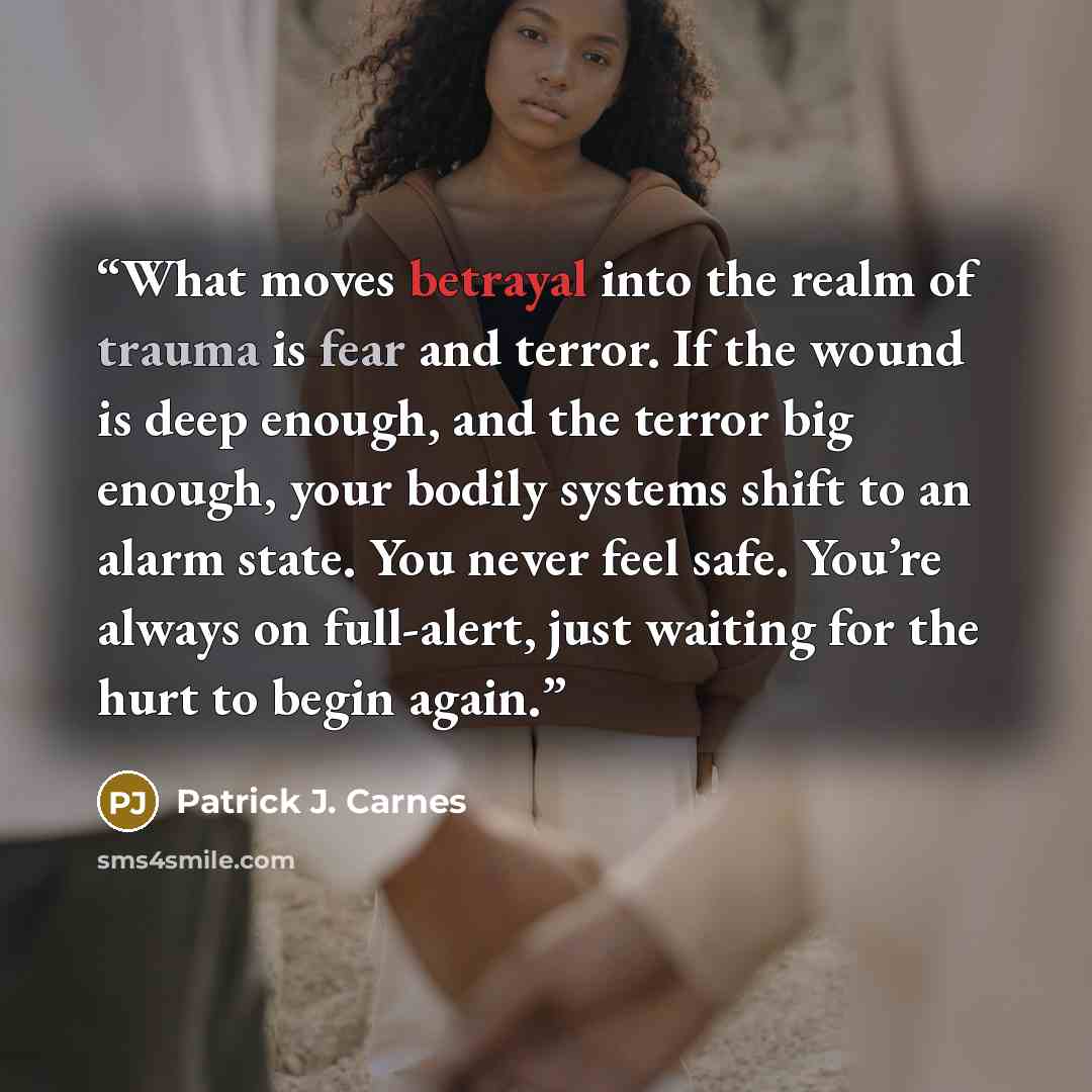 “What moves betrayal into the realm of trauma is fear and terror. If the wound is deep enough, and the terror big enough, your bodily systems shift to an alarm state. You never feel safe. You’re always on full-alert, just waiting for the hurt to begin again.” quote by Patrick J. Carnes
