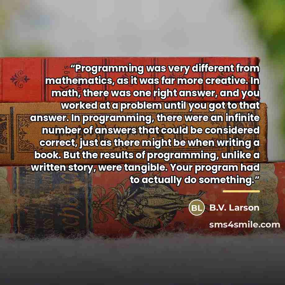 “Programming was very different from mathematics, as it was far more creative. In math, there was one right answer, and you worked at a problem until you got to that answer. In programming, there were an infinite number of answers that could be considered correct, just as there might be when…” quote by B.V. Larson