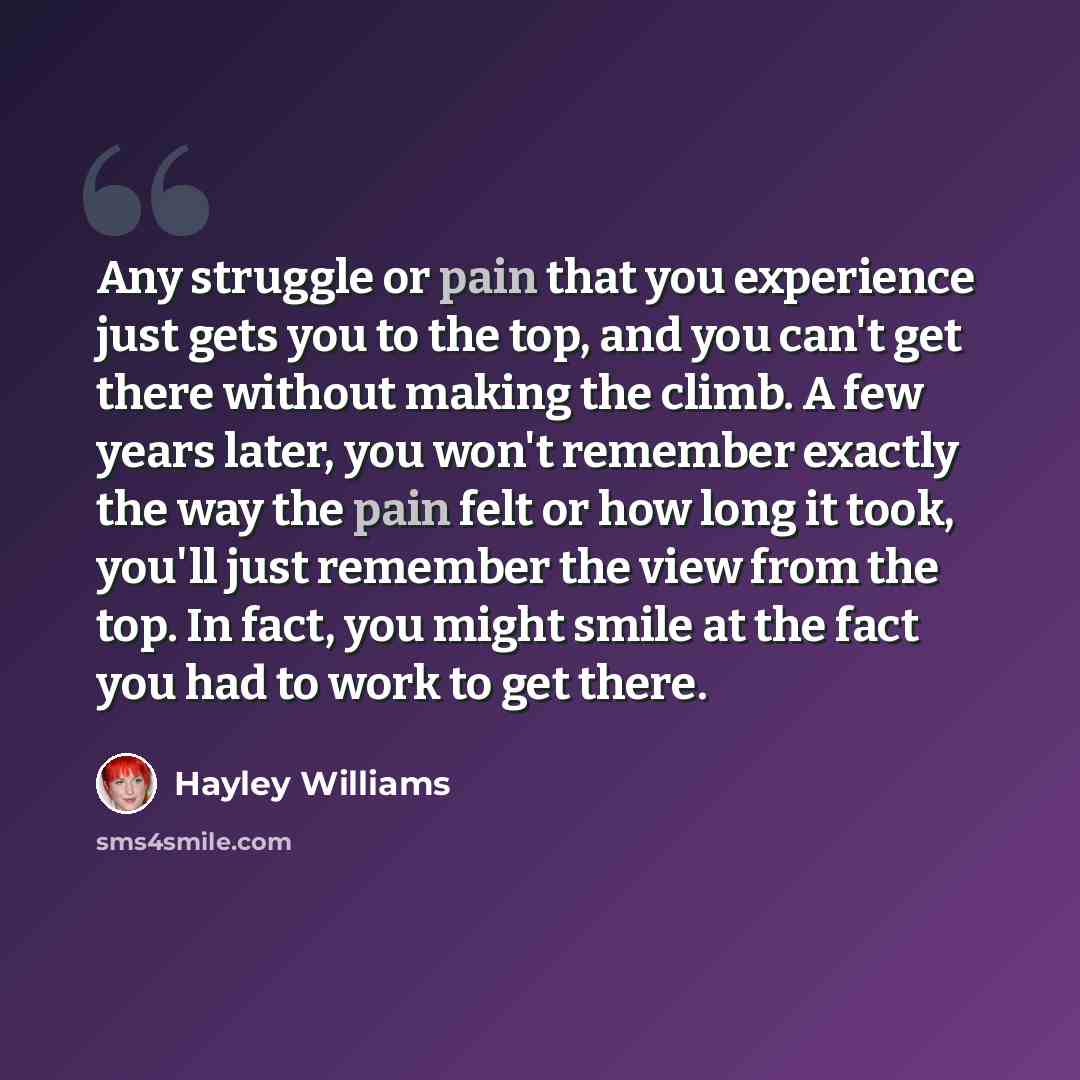 “Any struggle or pain that you experience just gets you to the top, and you can't get there without making the climb. A few years later, you won't remember exactly the way the pain felt or how long it took, you'll just remember the view from the top. In fact, you might smile at the fact you had to…” quote by Hayley Williams