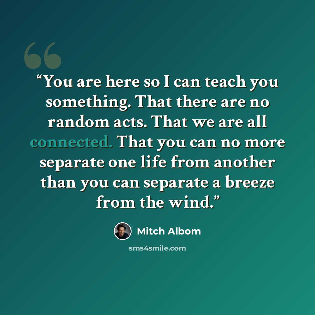“You are here so I can teach you something. That there are no random acts. That we are all connected. That you can no more separate one life from another than you can separate a breeze from the wind.” quote by Mitch Albom