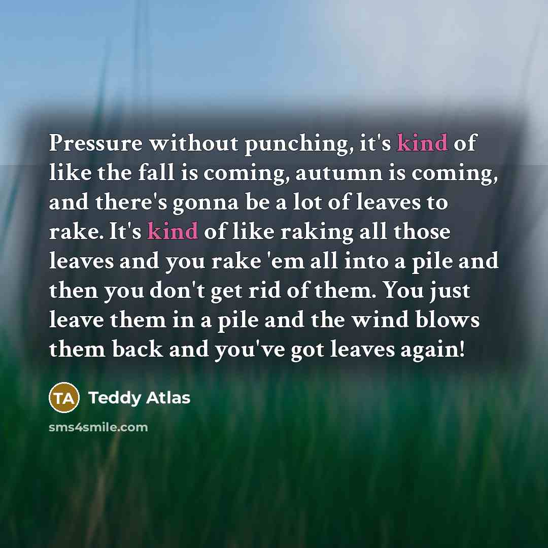 “Pressure without punching, it's kind of like the fall is coming, autumn is coming, and there's gonna be a lot of leaves to rake. It's kind of like raking all those leaves and you rake 'em all into a pile and then you don't get rid of them. You just leave them in a pile and the wind blows them back…” quote by Teddy Atlas