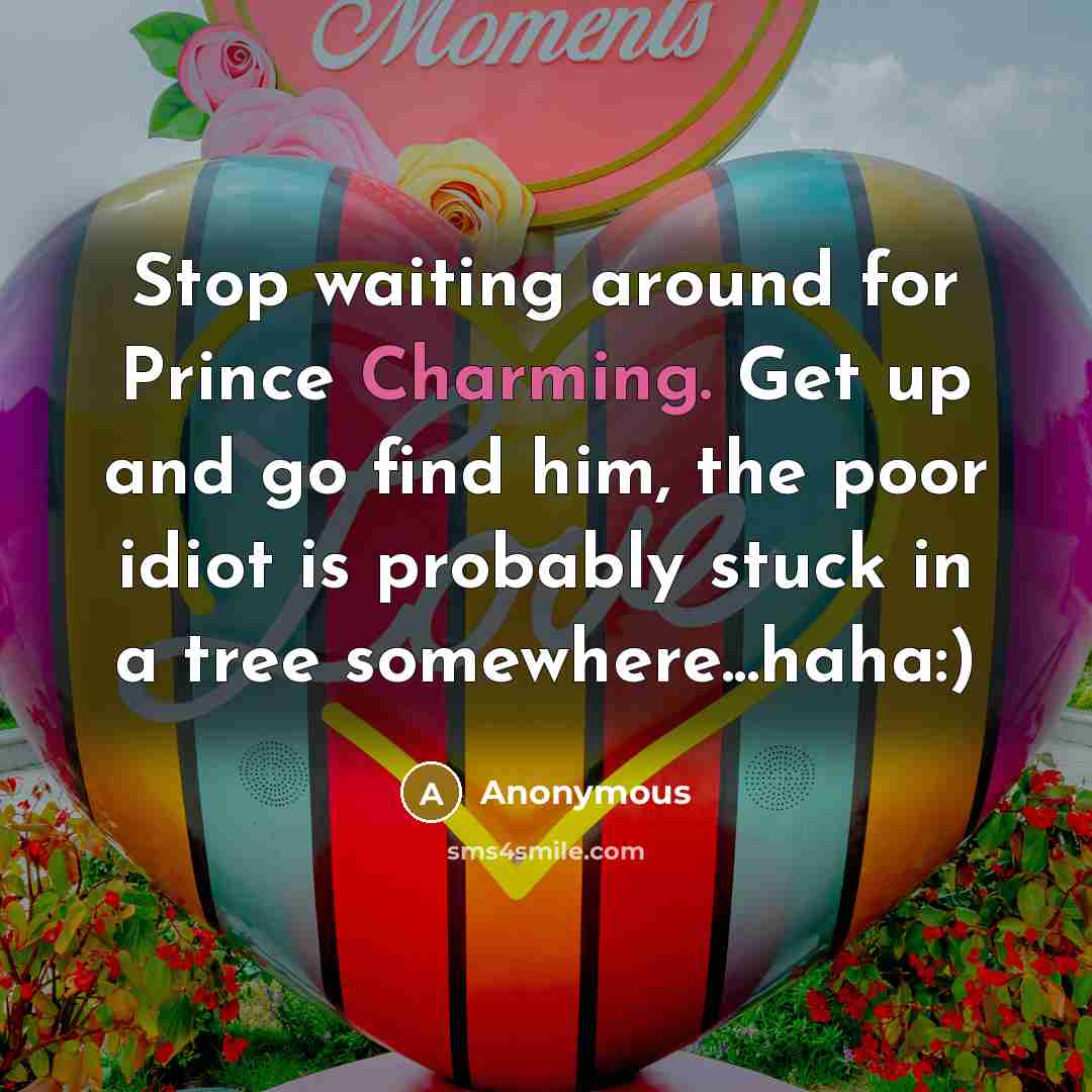 “Stop waiting around for Prince Charming. Get up and go find him, the poor idiot is probably stuck in a tree somewhere...haha:)” quote by Anonymous