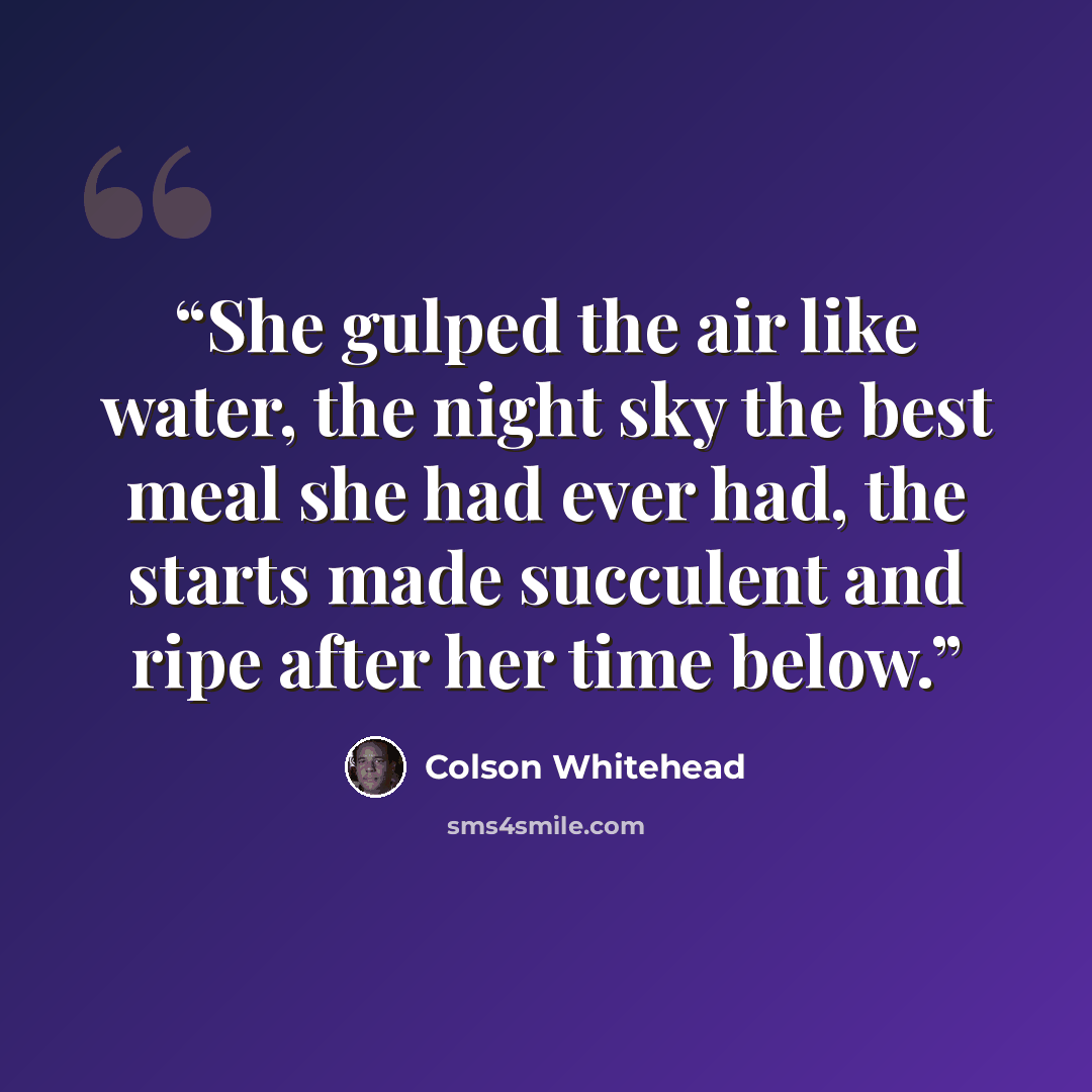 “She gulped the air like water, the night sky the best meal she had ever had, the starts made succulent and ripe after her time below.” quote by Colson Whitehead