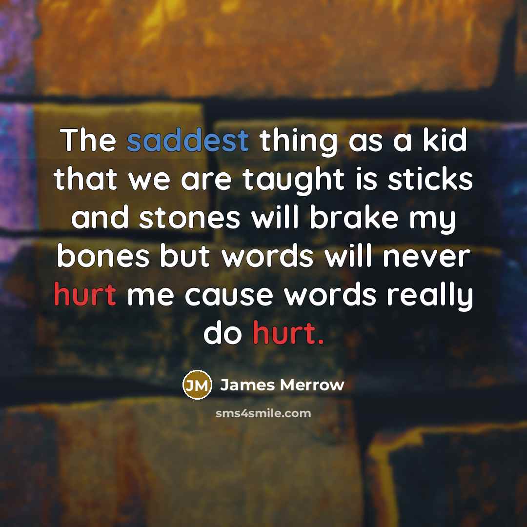 “The saddest thing as a kid that we are taught is sticks and stones will brake my bones but words will never hurt me cause words really do hurt.” quote by James Merrow