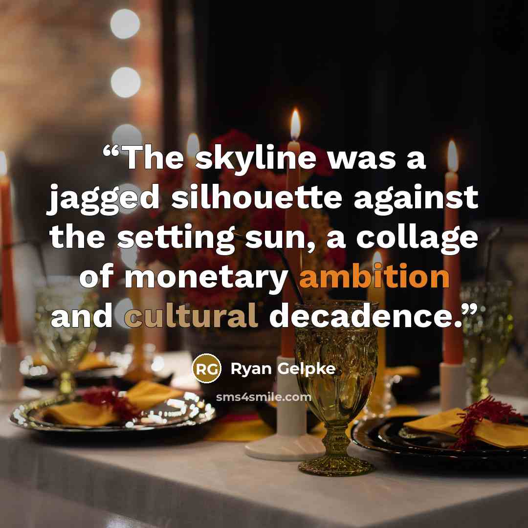 “The skyline was a jagged silhouette against the setting sun, a collage of monetary ambition and cultural decadence.” quote by Ryan Gelpke
