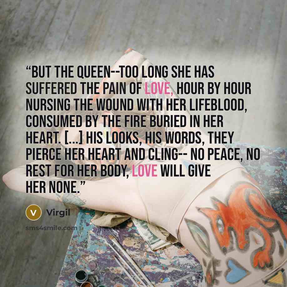 “But the queen--too long she has suffered the pain of love, hour by hour nursing the wound with her lifeblood, consumed by the fire buried in her heart. [...] His looks, his words, they pierce her heart and cling-- no peace, no rest for her body, love will give her none.” quote by Virgil