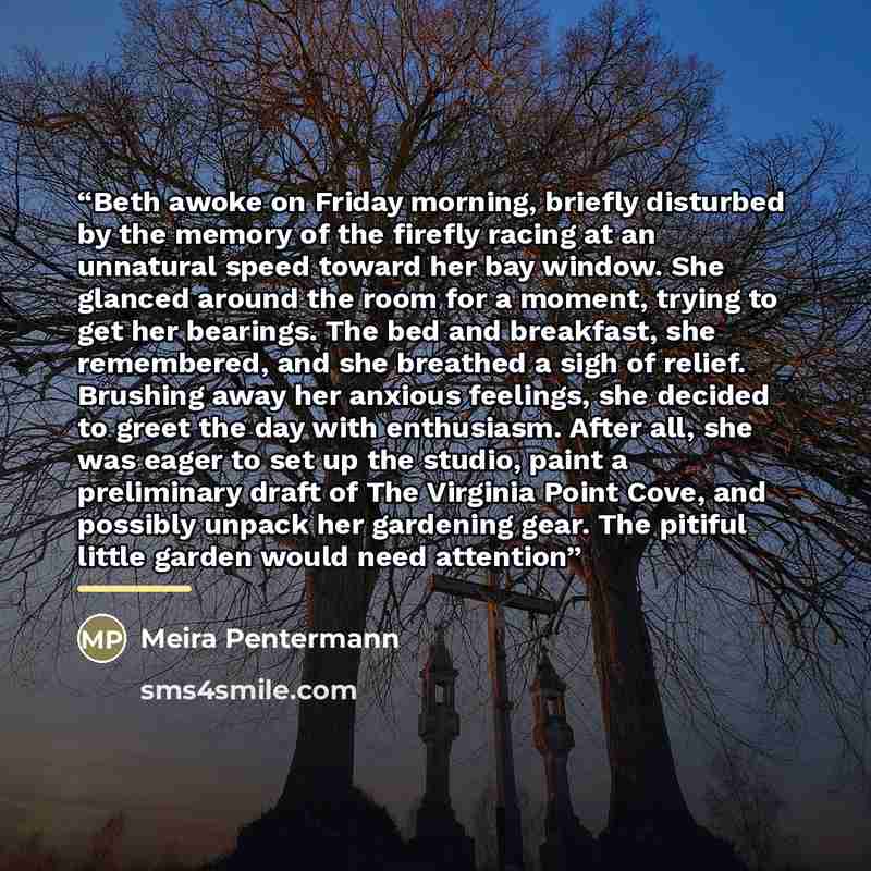 “Beth awoke on Friday morning, briefly disturbed by the memory of the firefly racing at an unnatural speed toward her bay window. She glanced around the room for a moment, trying to get her bearings. The bed and breakfast, she remembered, and she breathed a sigh of relief. Brushing away her anxious…” quote by Meira Pentermann