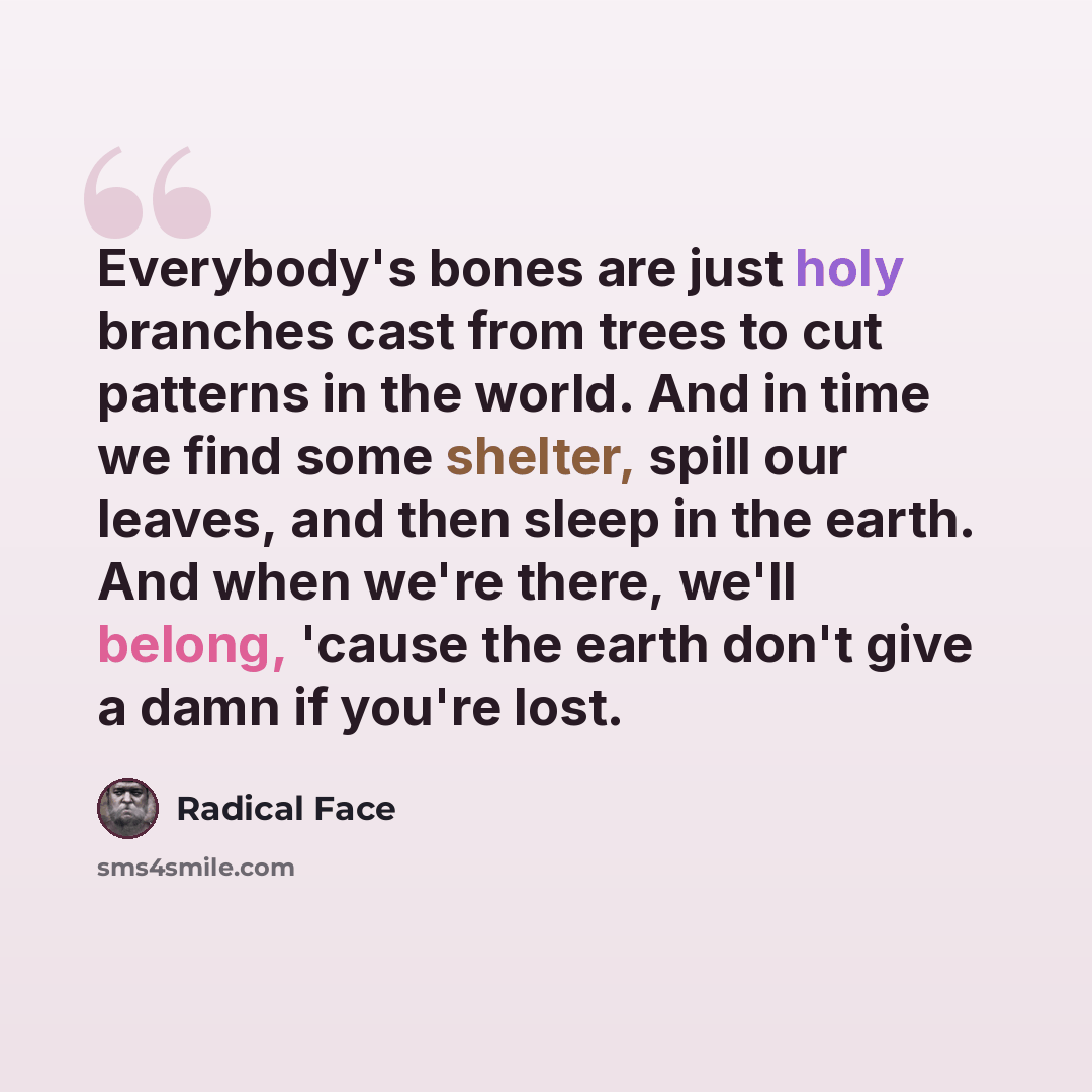 “Everybody's bones are just holy branches cast from trees to cut patterns in the world. And in time we find some shelter, spill our leaves, and then sleep in the earth. And when we're there, we'll belong, 'cause the earth don't give a damn if you're lost.” quote by Radical Face