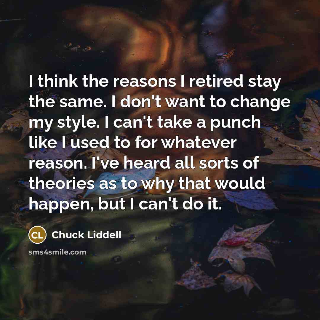 “I think the reasons I retired stay the same. I don't want to change my style. I can't take a punch like I used to for whatever reason. I've heard all sorts of theories as to why that would happen, but I can't do it.” quote by Chuck Liddell