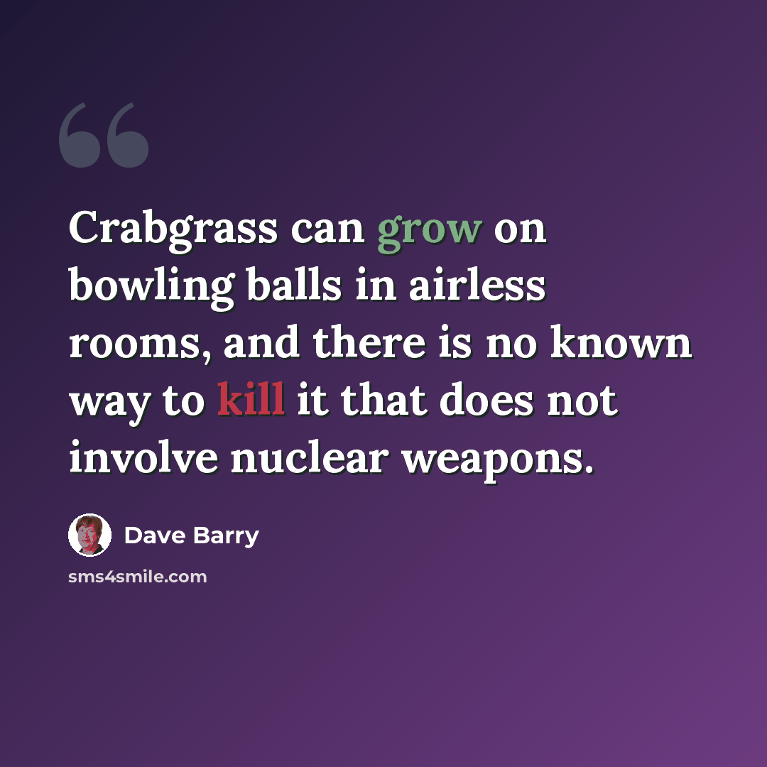 “Crabgrass can grow on bowling balls in airless rooms, and there is no known way to kill it that does not involve nuclear weapons.” quote by Dave Barry