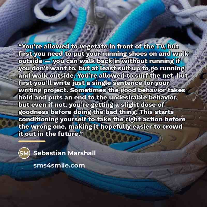 “You’re allowed to vegetate in front of the TV, but first you need to put your running shoes on and walk outside — you can walk back in without running if you don’t want to, but at least suit up to go running and walk outside. You’re allowed to surf the net, but first you’ll write just a single…” quote by Sebastian Marshall