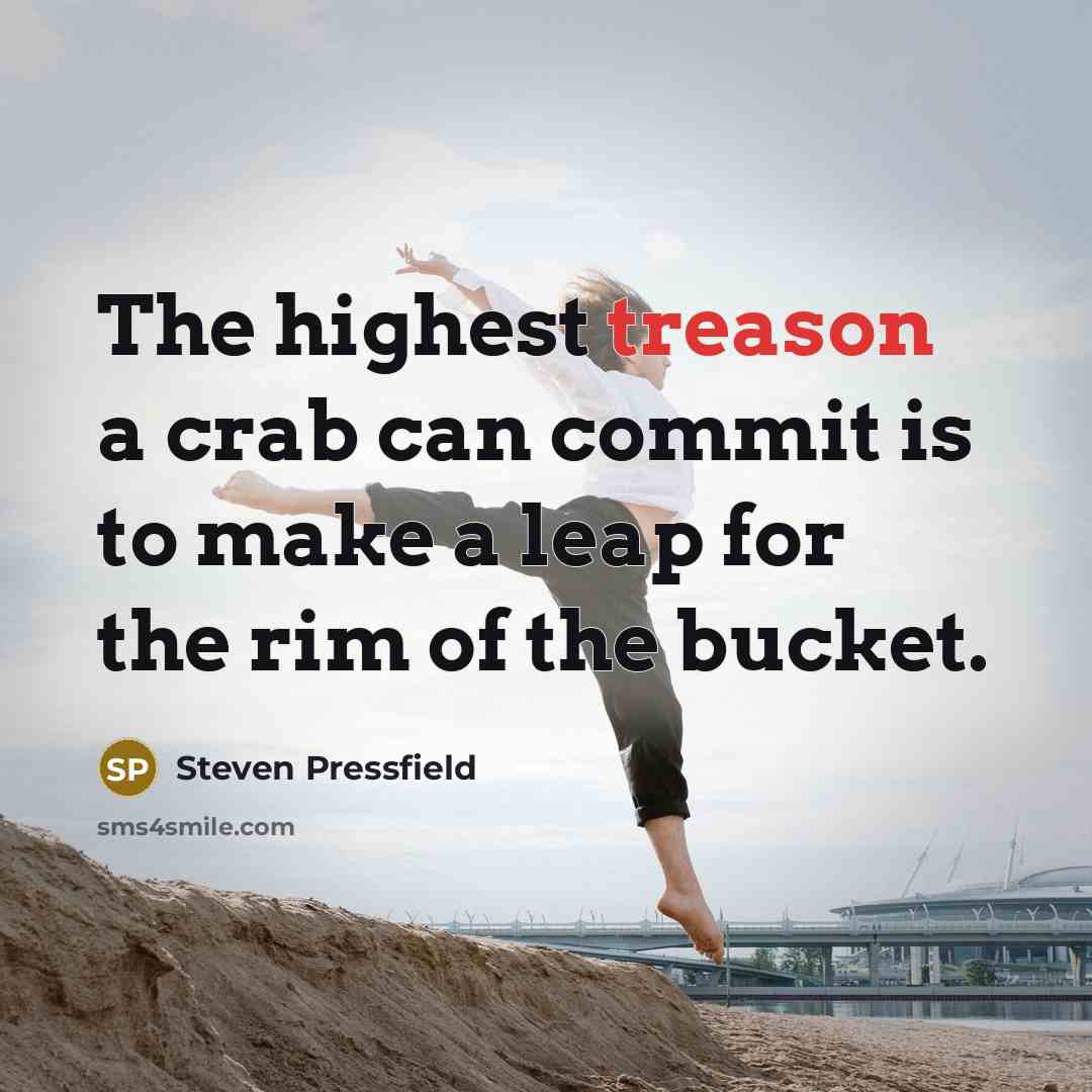 “The highest treason a crab can commit is to make a leap for the rim of the bucket.” quote by Steven Pressfield