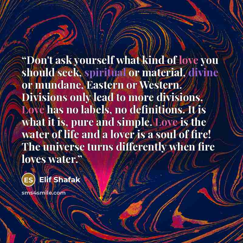 “Don't ask yourself what kind of love you should seek, spiritual or material, divine or mundane, Eastern or Western. Divisions only lead to more divisions. Love has no labels, no definitions. It is what it is, pure and simple. Love is the water of life and a lover is a soul of fire! The universe…” quote by Elif Shafak