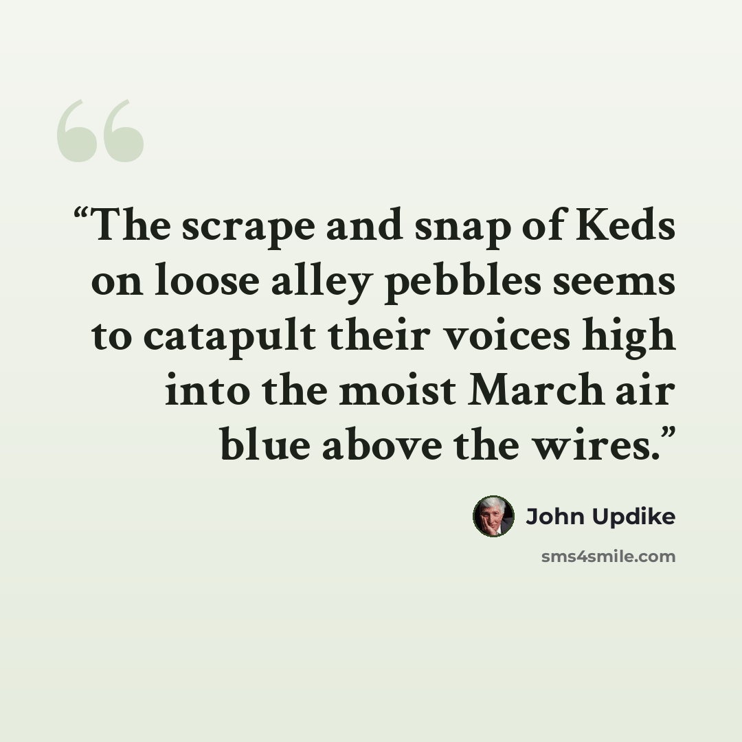 “The scrape and snap of Keds on loose alley pebbles seems to catapult their voices high into the moist March air blue above the wires.” quote by John Updike