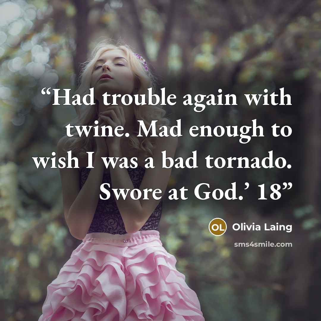 “Had trouble again with twine. Mad enough to wish I was a bad tornado. Swore at God.’ 18” quote by Olivia Laing